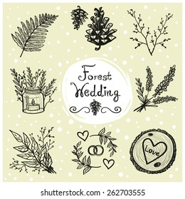 Hand drawn vintage decoration items. Set of isolated floral rustic forest wedding decorative symbols and elements. Black outline.
