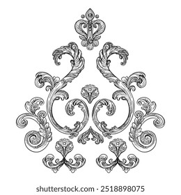 Elemento decorativo vintage dibujado a mano en estilo barroco. Vector monocromo aislado ilustración. Boceto de elemento de grabado adornado. Ornamento de viñeta anticuado. Para decoración, impresión y diseño.