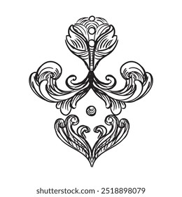 Elemento decorativo vintage dibujado a mano en estilo barroco. Vector monocromo aislado ilustración. Boceto de elemento de grabado adornado. Ornamento de viñeta anticuado. Para decoración, impresión y diseño.