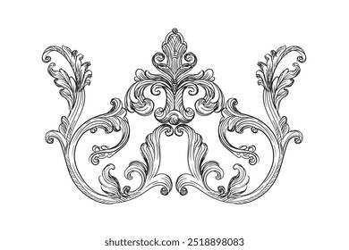 Hand drawn vintage decorative element in baroque style. Vector monochrome isolated illustration. Sketch of ornate engraving element. Old fashioned vignette ornament. For decoration, print and design.