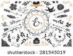 Hand drawn vintage decorative elements with lettering. Romantic vector design wedding set.
