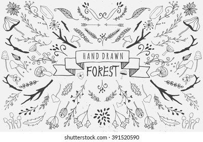 Hand drawn vintage decorative elements with lettering. Romantic vector design wedding set.