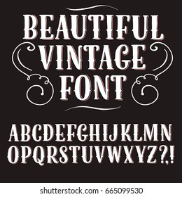 Hand drawn vintage decorative vector ABC letters set on dark background. Beautiful font for your design.