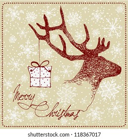 Hand Drawn Vintage Deer Christmas Card