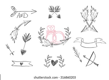 Hand drawn vintage design elements feathers, arrows, linear wedding rings  ribbons,  vector illustration