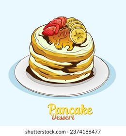 Hand drawn vintage Dessert Delicious fluffy pancake with Maple Syrup and Butter ads for element design poster, promotion
