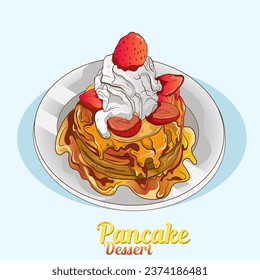 Hand drawn vintage Dessert Delicious fluffy pancake with Maple Syrup and Butter ads for element design poster, promotion