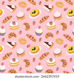 Hand drawn vintage dessert food seamless pattern. Sweet pastry background illustration with retro bakery goods, cup cake wallpaper.	Bistro design texture, restaurant print.