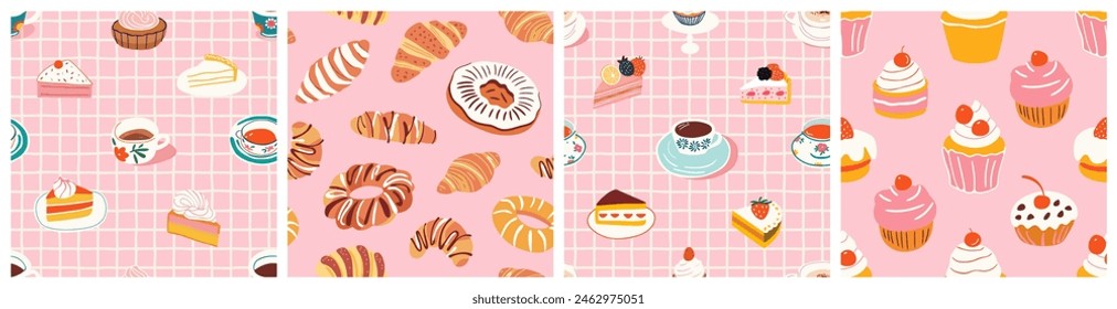 Hand drawn vintage dessert food seamless pattern set. Sweet pastry background collection with retro bakery goods, cup cake wallpaper.	Bistro design texture, restaurant print.