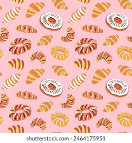 Dibujado a mano vintage patrón de alimentos de postre sin fisuras. Dulce ilustración de fondo de pastelería con productos de panadería retro, Fondo de pantalla de croissant.	Textura de diseño de bistró, estampado de restaurante.