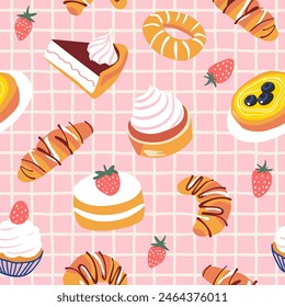 Hand drawn vintage dessert food seamless pattern. Sweet pastry background illustration with retro bakery goods, cup cake wallpaper.	Bistro design texture, restaurant print.