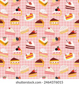 Dibujado a mano vintage patrón de alimentos de postre sin fisuras. Ilustración de fondo de pastelería dulce con productos de panadería retro, Fondo de pantalla de torta de taza.	Textura de diseño de bistró, estampado de restaurante.