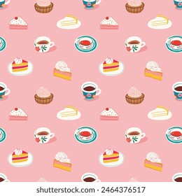 Hand drawn vintage dessert food seamless pattern. English tea cup background illustration with retro coffee mug, sweet cake wallpaper texture print.	