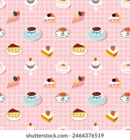 Hand drawn vintage dessert food seamless pattern. English tea cup background illustration with retro coffee mug, sweet cake wallpaper texture print.	