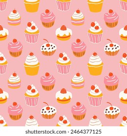 Hand drawn vintage dessert food seamless pattern. Sweet muffin background illustration with retro bakery goods, cup cake wallpaper.	Pastry design texture, restaurant print.