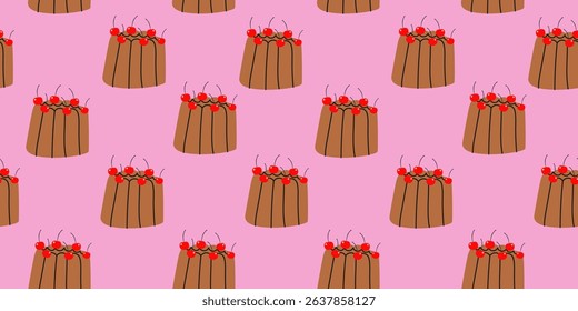 Hand drawn vintage dessert food seamless pattern for fabric, wrapping paper, wallpaper, textile print. Sweet pastry background in cartoon retro style. Chocolate pudding with cherries 