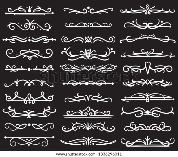 Hand drawn vintage dividers. Vintage ornaments for
wedding greeting cards and posters, scrapbooking templates, white
elegance calligraphic frame, classical line decor vector isolated
objects on black