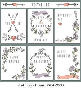Hand Drawn vintage doodle floral elements. Set of  cards with flowers,branches, decorative elements.For wedding,Valentine day,holiday,birthday,Easter.Handsketched Vector.