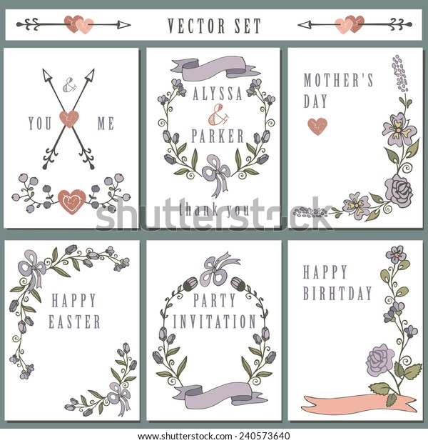Hand\
Drawn vintage doodle floral elements. Set of  cards with\
flowers,branches, decorative elements. For wedding,Valentine\
day,holiday,birthday,Easter. Handsketched\
Vector.