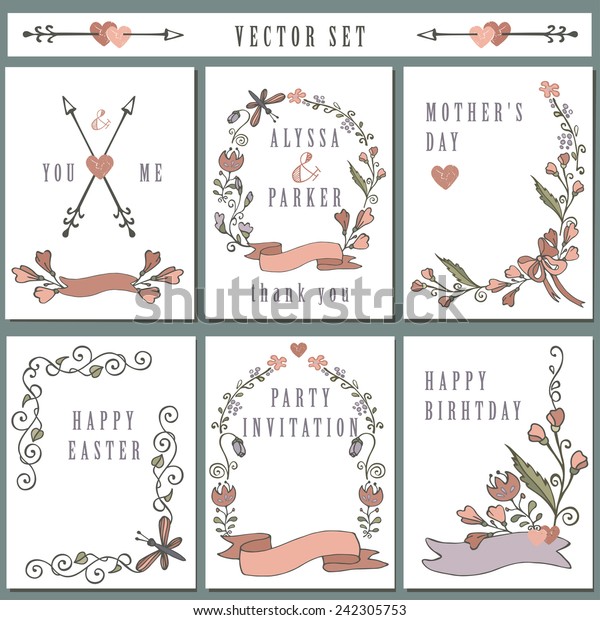 Hand
Drawn vintage doodle floral elements. Set of  cards with
flowers,branches, decorative elements.For wedding,Valentine
day,holiday,birthday,Easter.Handskethced
Vector.