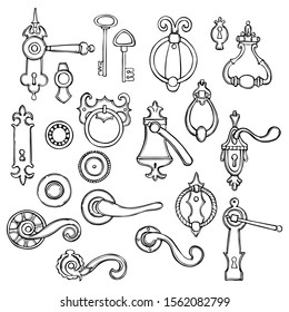 Hand drawn vintage door handles on white background. Vector sketch illustration.