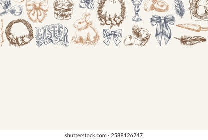 Hand drawn vintage Easter border with bunny, chick, eggs, bow, willow, feathers, and holiday elements

