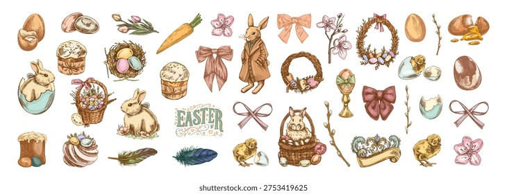 Hand drawn vintage easter decorative set with rabbit, eggs, basket, wreath, cake, feathers, ribbons and spring flowers. Large engraved illustration collection for greeting cards, packaging and seasonal holiday design.