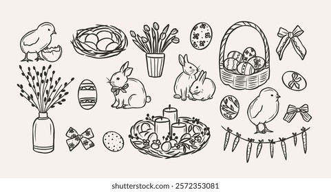 Hand drawn vintage easter elements. Spring collection