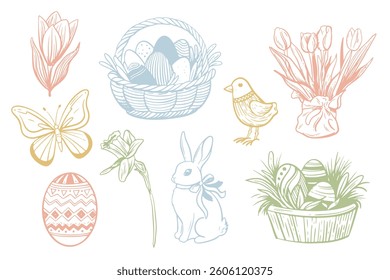 Hand drawn vintage easter elements. Spring collection sketch illustrations. Rabbit, eggs, flowers, butterfly, bird