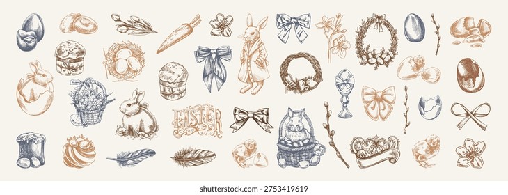 Hand drawn vintage easter illustration set with rabbit, eggs, basket, wreath, cake, ribbons and spring branches. Large engraved decorative collection of holiday elements for greeting cards and packaging design.