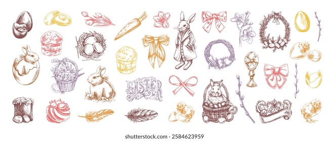 Hand drawn vintage Easter set with rabbits eggs bows floral elements and festive decorations in pastel colors

