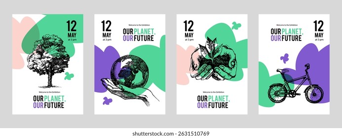 Hand drawn vintage eco-friendly ecology banner set. Green project and exhibition design. Vector sketch vector illustration