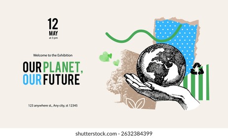 Hand drawn vintage eco-friendly ecology banner. Green project and exhibition collage design. Vector sketch vector illustration