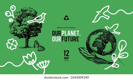 Hand drawn vintage eco-friendly ecology collage banner with doodle elements. Sketch vector illustration