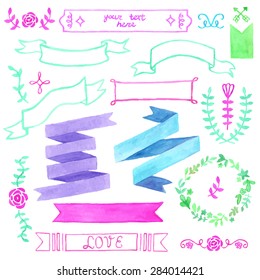 Hand drawn vintage elements. Watercolor design. Vector