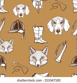 Hand Drawn Vintage English Traditional Foxhunting Seamless Pattern. Foxhound, Fox, Riding Boots, Riding Hat, Saddle, Riding Whip, Hunting Horn