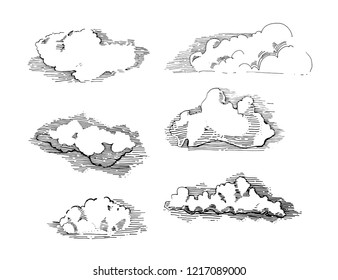 Hand drawn vintage engraved clouds vector set. Detailed ink illustration. Sky, heaven, cloud sketch, retro style.