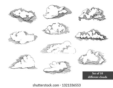 Hand Drawn Vintage Engraved Clouds Vector Set. Detailed Ink Illustration. Sky, Heaven, Cloud Sketch, Retro Style.Big Set Of Coluds.