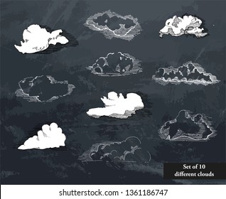 Hand drawn vintage engraved clouds vector set. Detailed ink illustration. Sky, heaven, cloud sketch, retro style.Big set of coluds.