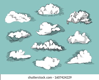 Hand drawn vintage engraved clouds vector set. Detailed ink illustration. Sky, heaven, cloud sketch, retro style.Big set of coluds.