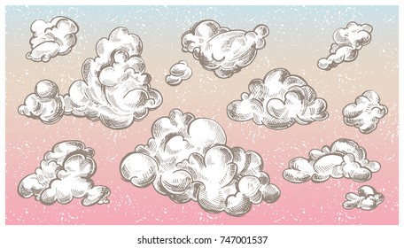 Hand drawn vintage engraved clouds vector set. Detailed ink illustration. Sky, heaven, cloud sketch, retro style. 