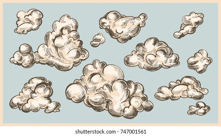 Hand drawn vintage engraved clouds vector set. Detailed ink illustration. Sky, heaven, cloud sketch, retro style. 
