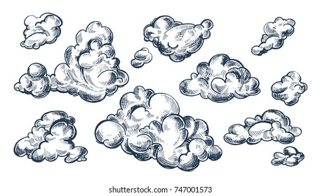 Hand Drawn Vintage Engraved Clouds Vector Set. Detailed Ink Illustration. Sky, Heaven, Cloud Sketch, Retro Style. 