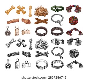 Hand drawn vintage engraved mega collection of dog accessories, pet toys and treats featuring collars, chain collar, spiked collar, ID tags, rope toys, rope ball, chew bones, dental chews, rawhide rolls, dog biscuits and treats in both color and monochrome versions. Perfect for pet shop branding, veterinary clinics, grooming salons, pet food packaging, labels, stickers, logos, advertising and marketing materials.