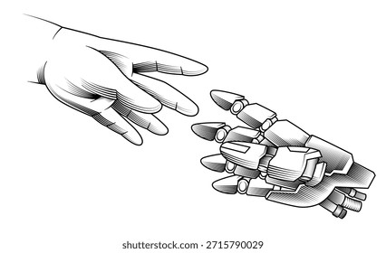 handgezeichnete Vintage Gravur Vektorgrafik menschliche Hand erreichen Roboter mechanische Arm künstliche Intelligenz Verbindung Zusammenarbeit zukünftige Technologie Evolution