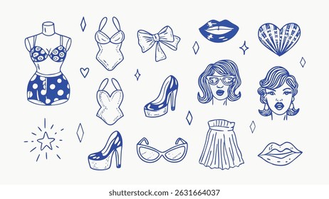 Hand drawn vintage fashion and pin up icons a collection of classic style illustrations