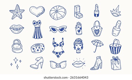 Hand drawn vintage fashion and pin up icons a collection of classic style illustrations perfect for apparel websites and retro designs