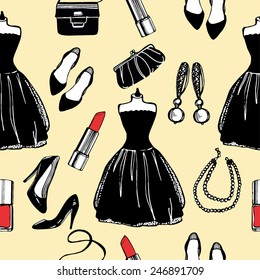 hand drawn vintage fashion seamless pattern. Little black dress, earrings, pearl necklace, shoes, nail polish, lipstick. bag, clutch