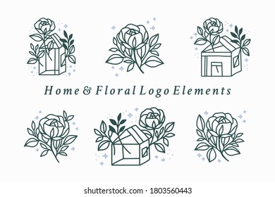 Hand drawn vintage feminine beauty logo element collection with rose, home, flower, leaf, branch, and frame. Vector illustration for icon, logo, sticker, printable, and tattoo