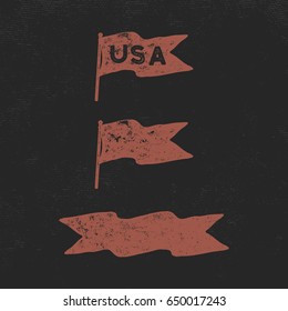 Hand drawn vintage flags collection. Retro roughen style. USA sign and blank pennant and ribbon. Easy to change color. Stock vector illustration isolated on dark scratched background.